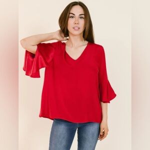 La roque Park top Scarlet red 100% silk flowy sleeve v neck one size